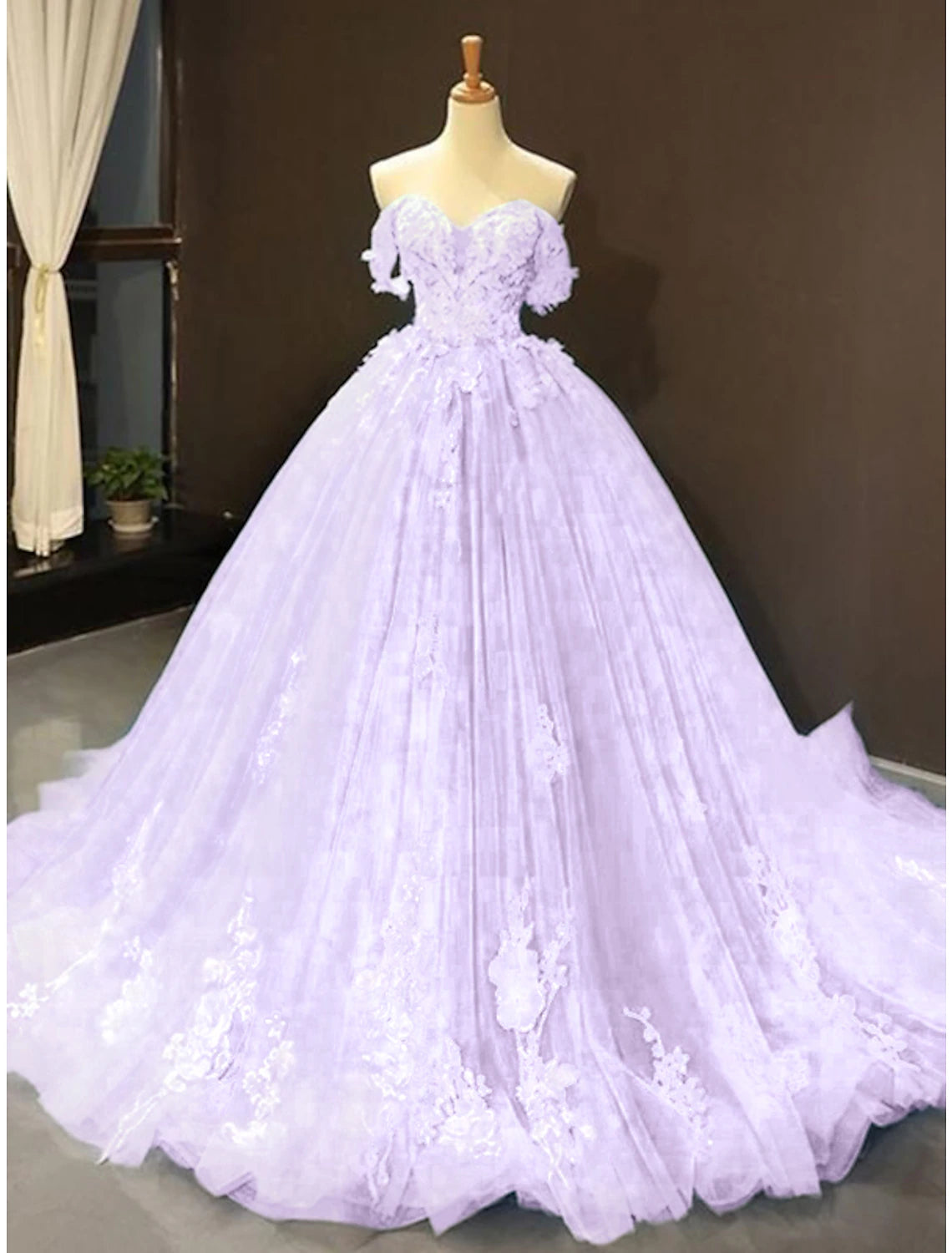 Aimishang Ball Gown Prom Dresses Floral Dress Wedding Quinceanera Court Train Short Sleeve Sweetheart Lace with Appliques
