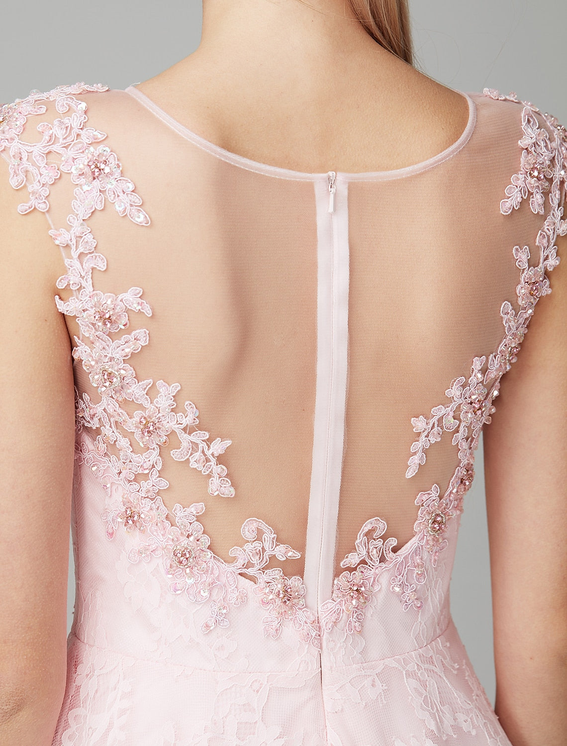 Aimishang A-Line Prom Dresses Floral Dress Evening Party Ankle Length Short Sleeve Illusion Neck Lace Zipper with Appliques