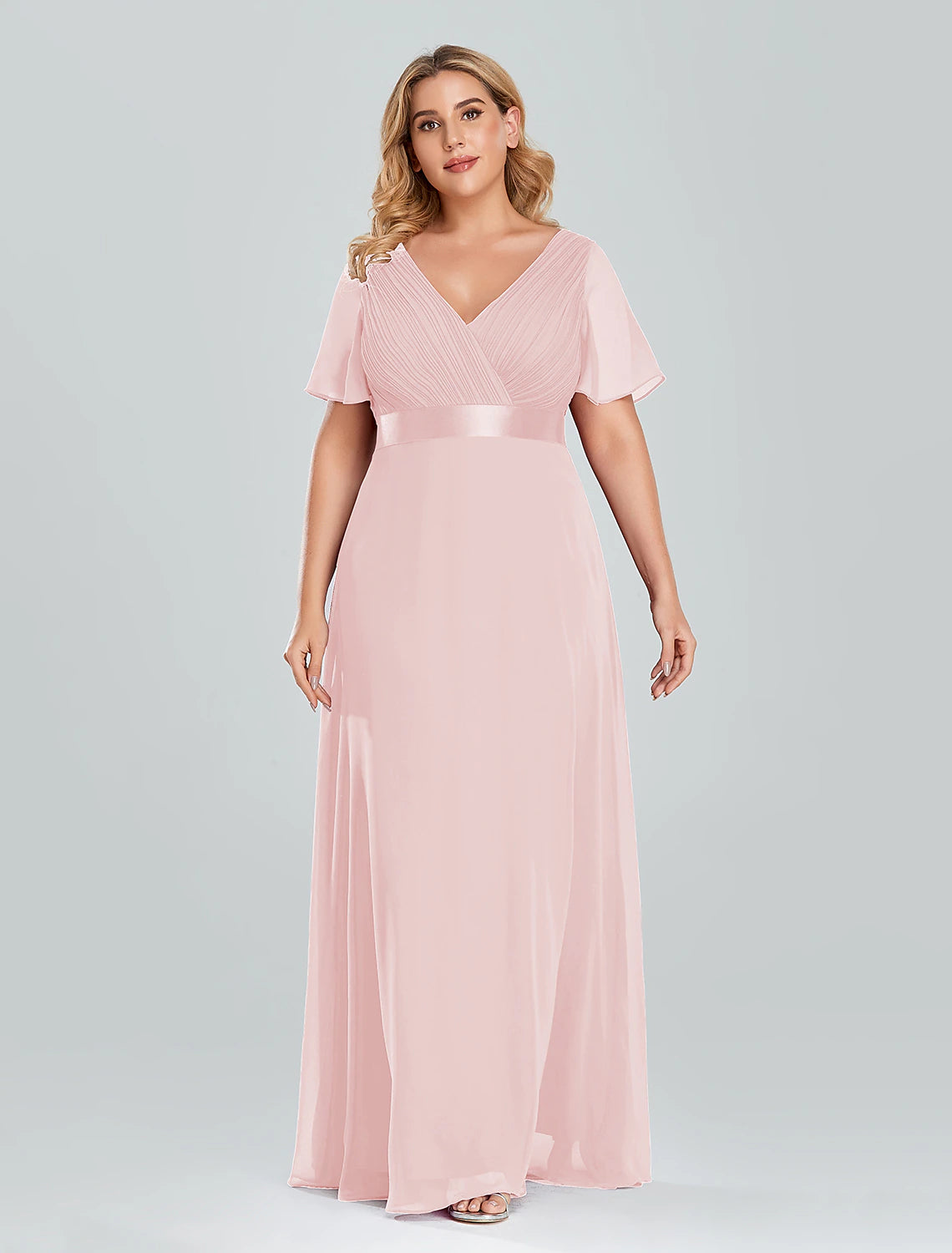 Aimishang A-Line Prom Dresses Empire Dress Wedding Guest Floor Length Short Sleeve V Neck Chiffon with Pleats