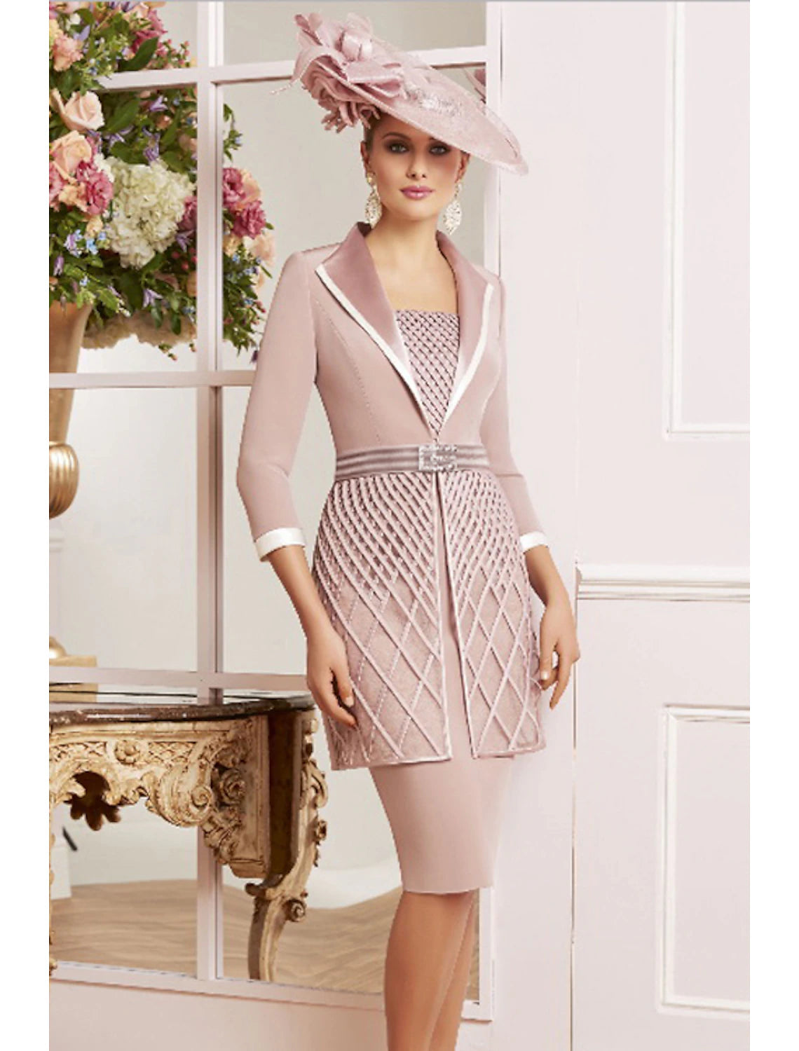 Aimishang Sheath / Column Mother of the Bride Dress Vintage Plus Size Elegant Square Neck Knee Length Satin Lace 3/4 Length Sleeve with Sash / Ribbon Appliques