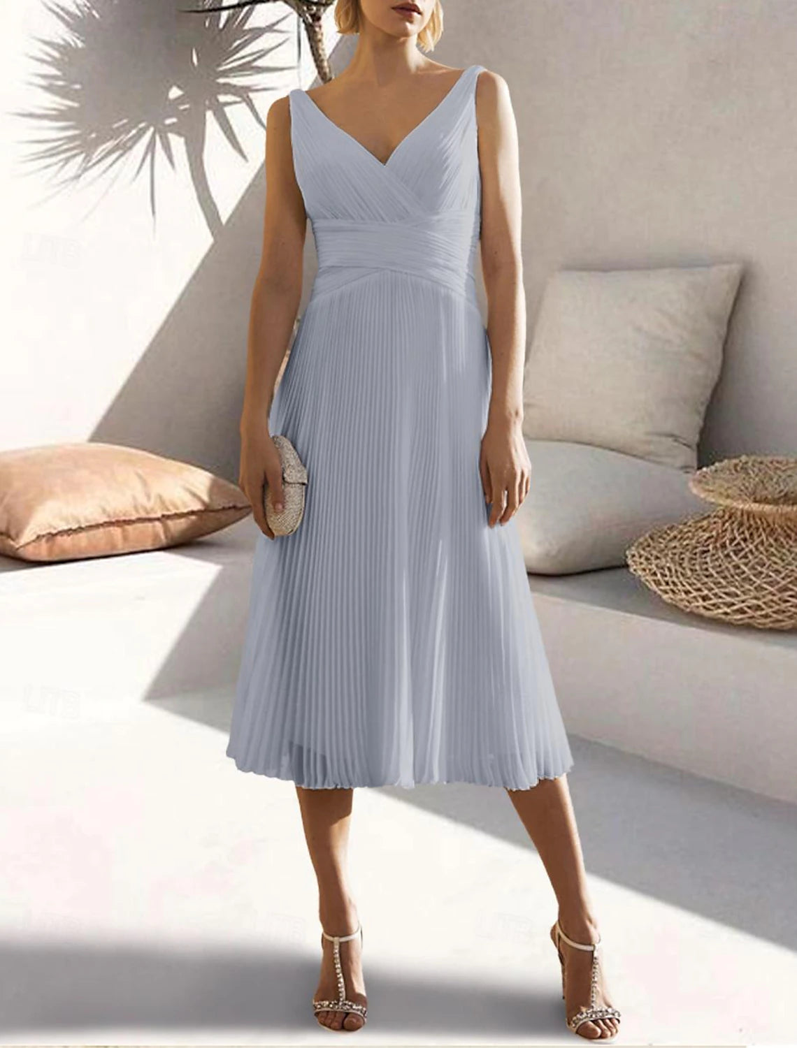 Aimishang Elegant A-Line Graduation Dress Cocktail Dresses Formal Wedding Guest Tea Length Sleeveless V Neck Chiffon with Ruched