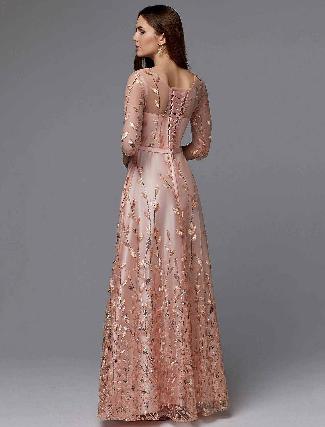 Aimishang A-Line Floral Dress Valentine's Day Wedding Guest Floor Length 3/4 Length Sleeve Illusion Neck Bridesmaid Dress Lace with Appliques