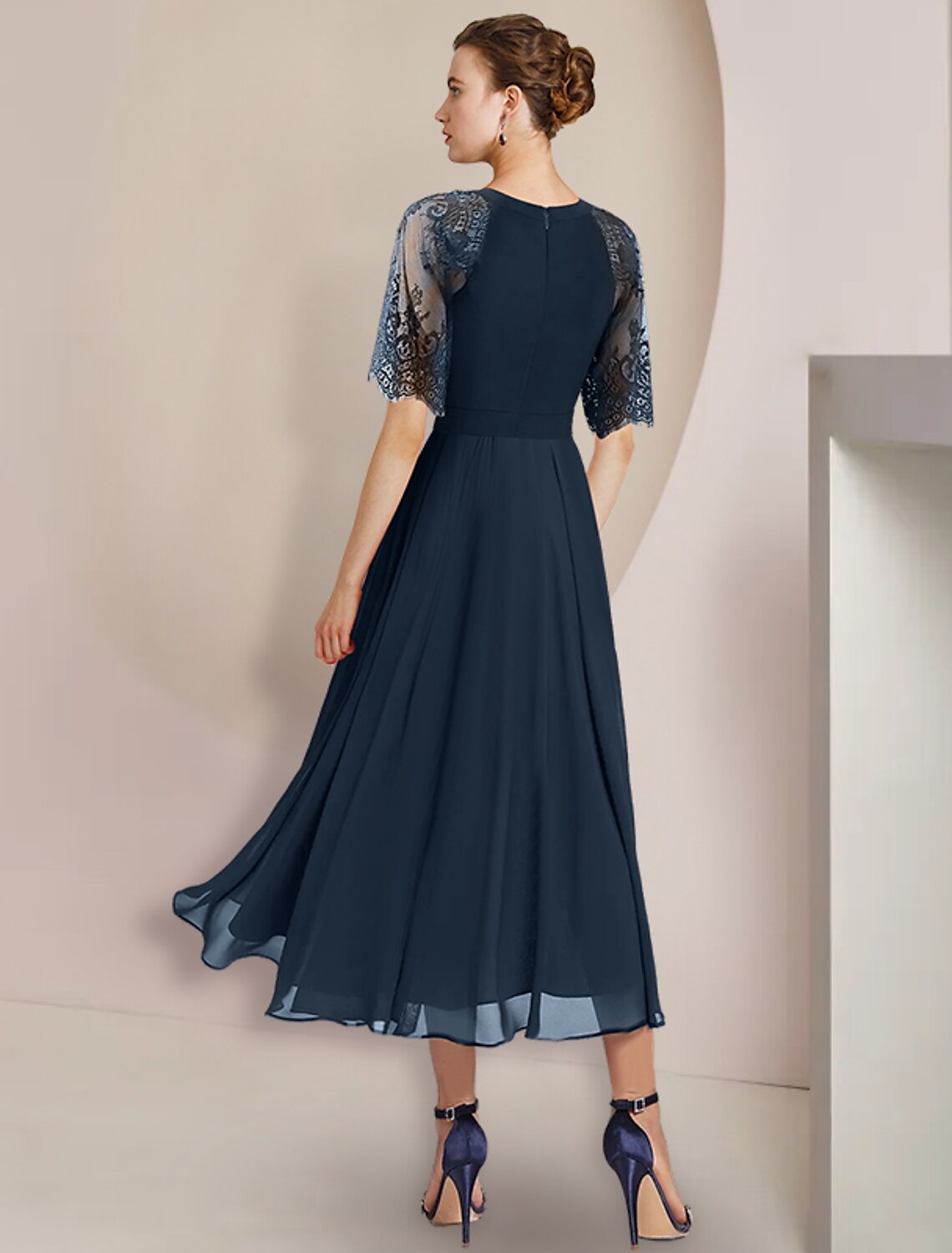 Aimishang A-Line Mother of the Bride Dress Formal Wedding Guest Party Elegant High Low Scoop Neck Tea Length Chiffon Lace 3/4 Length Sleeve with Pleats Crystal Brooch