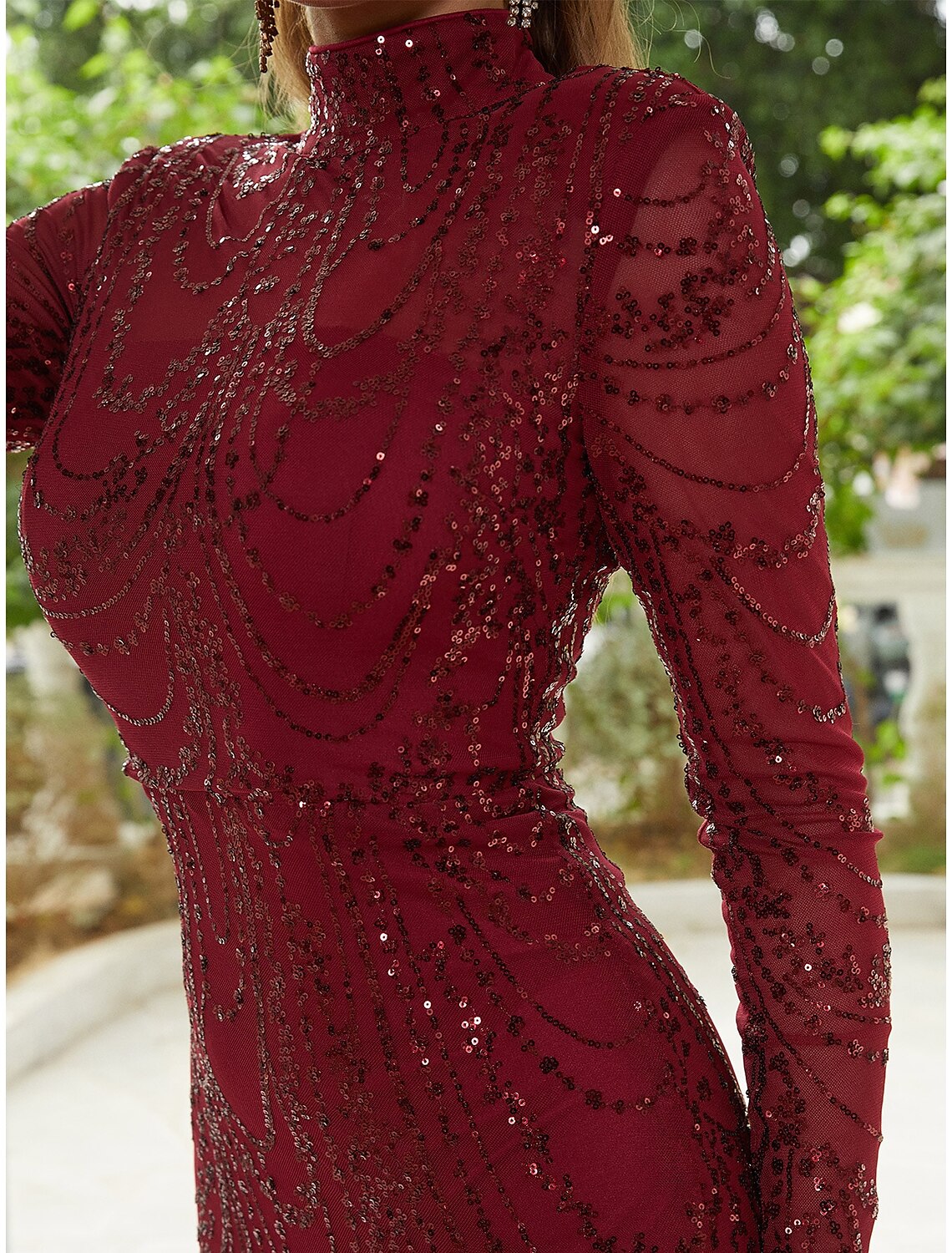 Aimishang Sheath / Column Evening Gown Sparkle & Shine Dress Formal Wedding Guest Sweep / Brush Train Long Sleeve High Neck Sequined with Glitter Slit