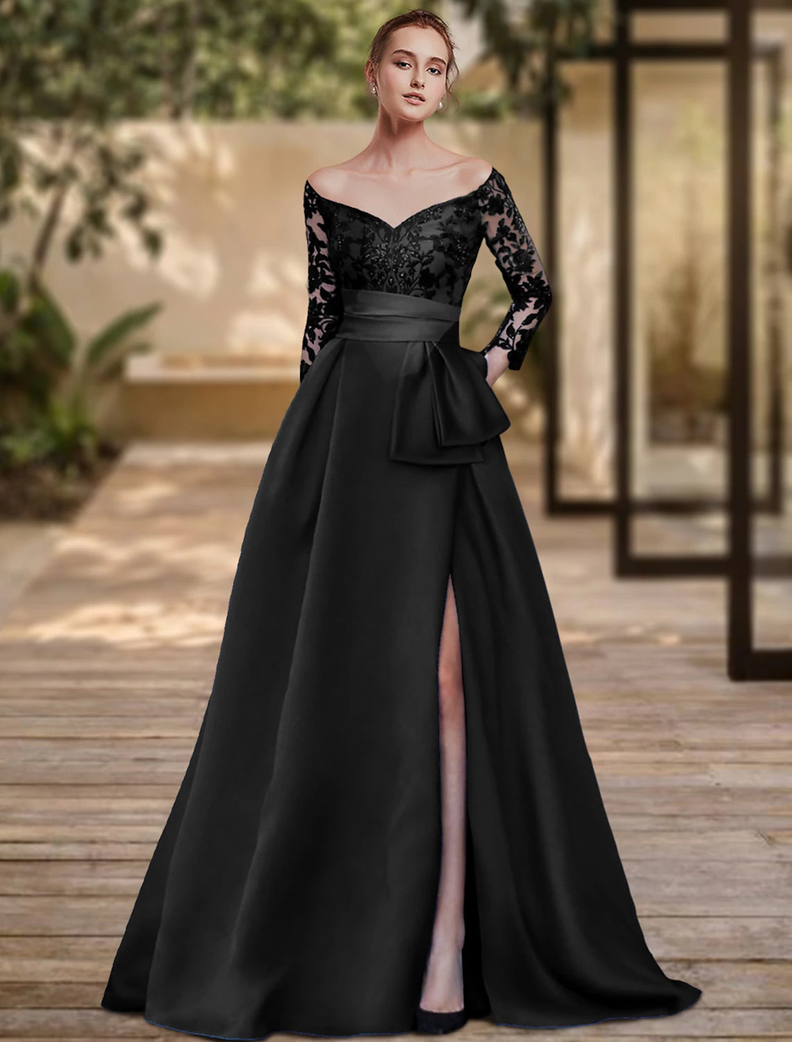 Aimishang Sheath / Column Evening Gown High Split Dress Formal Wedding Guest Sweep / Brush Train 3/4 Length Sleeve Off Shoulder Charmeuse with Slit