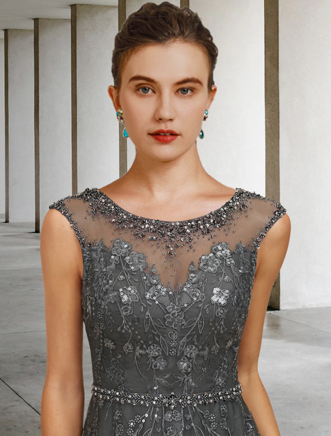 Aimishang A-Line Mother of the Bride Dress Fall Wedding Guest Dresses Luxurious Elegant Jewel Neck Floor Length Lace Tulle Sleeveless with Sash / Ribbon Beading Sequin