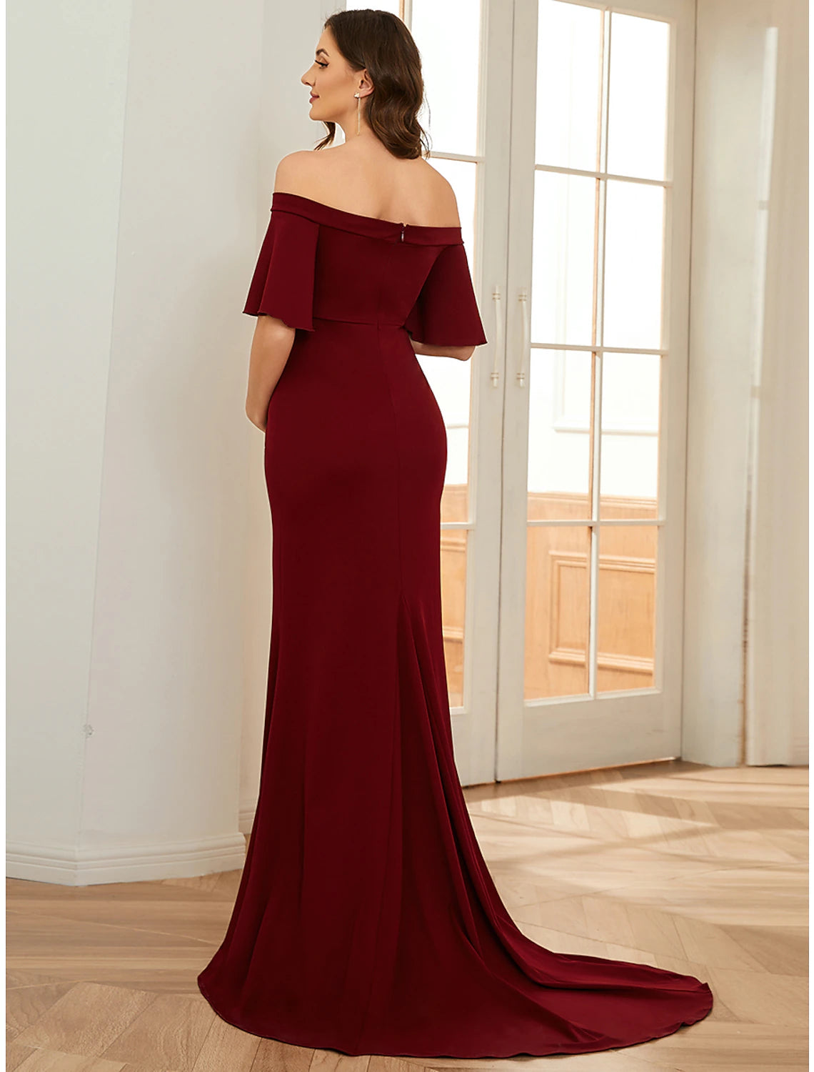 Aimishang Mermaid / Trumpet Maternity Dresses Maternity Dress Formal Court Train Short Sleeve Off Shoulder Fabric with Ruched Pure Color