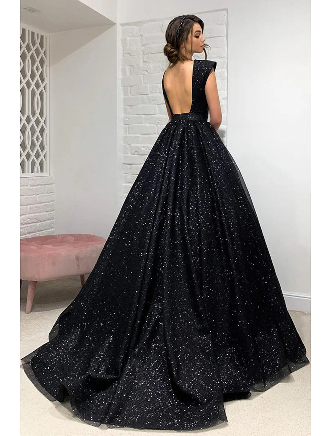 Aimishang Ball Gown A-Line Prom Dresses Sparkle & Shine Dress Formal Sweep / Brush Train Sleeveless V Neck Wednesday Addams Family Tulle Backless with Pleats