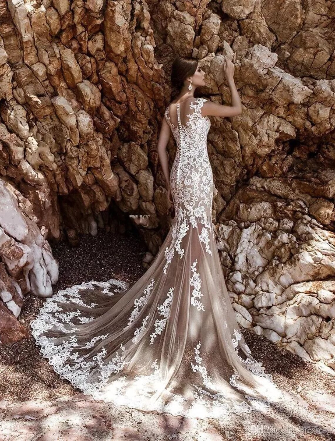 Aimishang Engagement Formal Wedding Dresses Mermaid / Trumpet Illusion Neck Cap Sleeve Court Train Lace Bridal Gowns With Appliques 2023 Summer Wedding Party