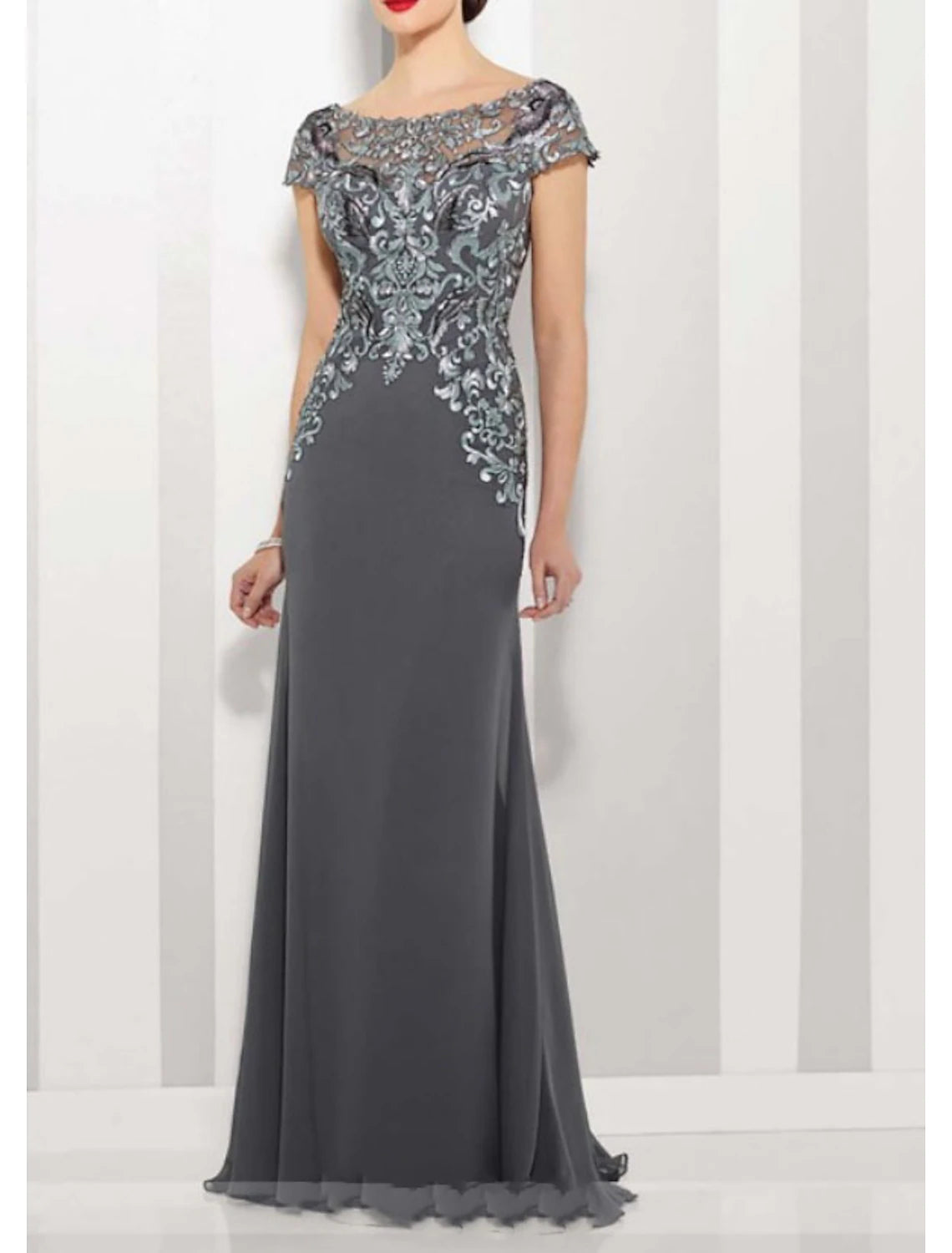 Aimishang A-Line Mother of the Bride Dress Elegant Jewel Neck Floor Length Chiffon Lace Short Sleeve with Lace Appliques