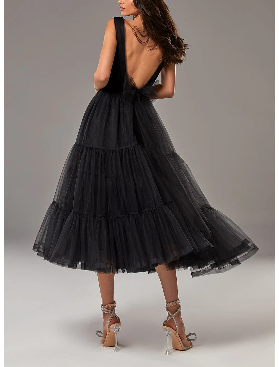 Aimishang A-Line Prom Dresses Princess Dress Wedding Guest Tea Length Sleeveless V Neck Tulle with Bow(s) Pleats