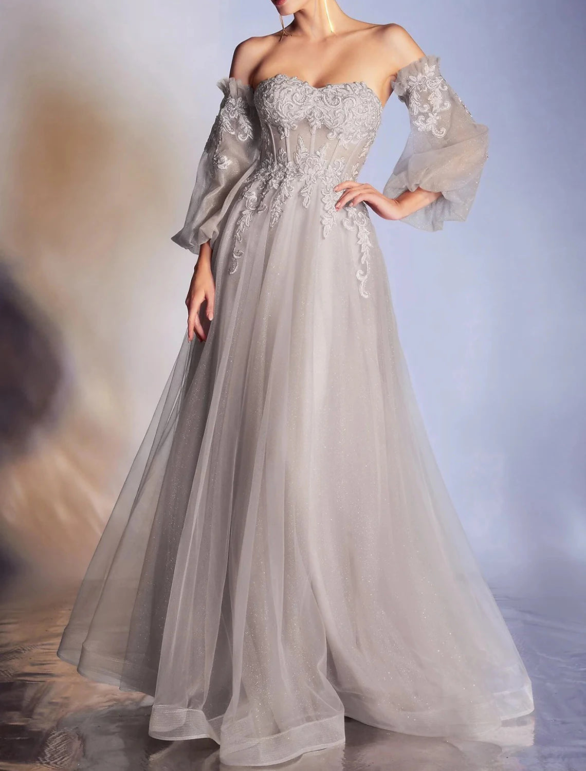 Aimishang A-Line Prom Dresses Elegant Dress Formal Prom Floor Length 3/4 Length Sleeve Off Shoulder Lace Backless with Appliques