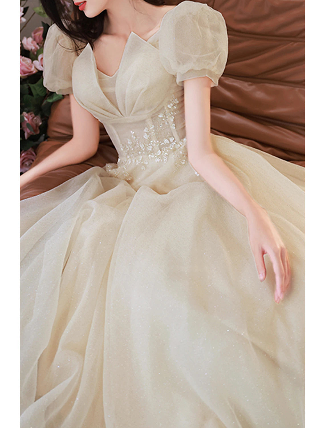 Aimishang A-Line Prom Party Dress Sparkle & Shine Dress Prom Valentine‘s Day Floor Length Short Sleeve V Neck Tulle with Sequin