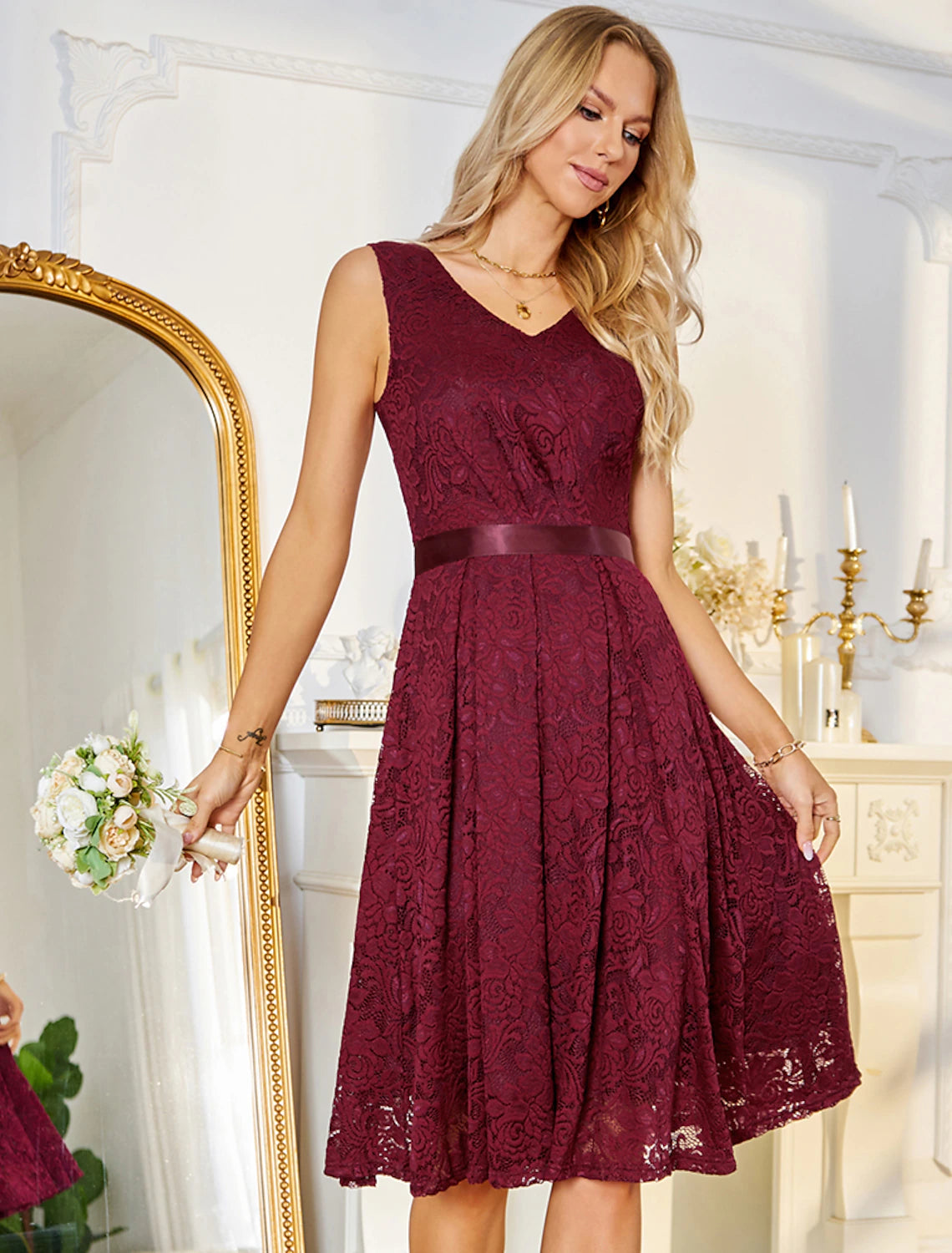 Aimishang A-Line Cocktail Dresses Minimalist Dress Party Wear Knee Length Sleeveless V Neck Belt / Sash Lace with Strappy