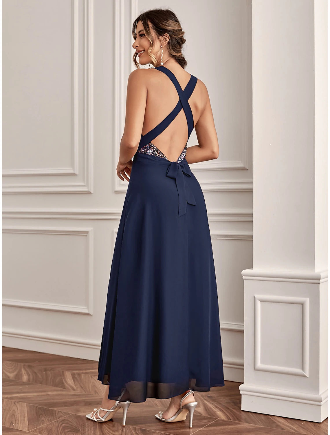 Aimishang A-Line Wedding Guest Dresses Sparkle & Shine Dress Holiday Ankle Length Sleeveless V Neck Sequined with Sequin Slit