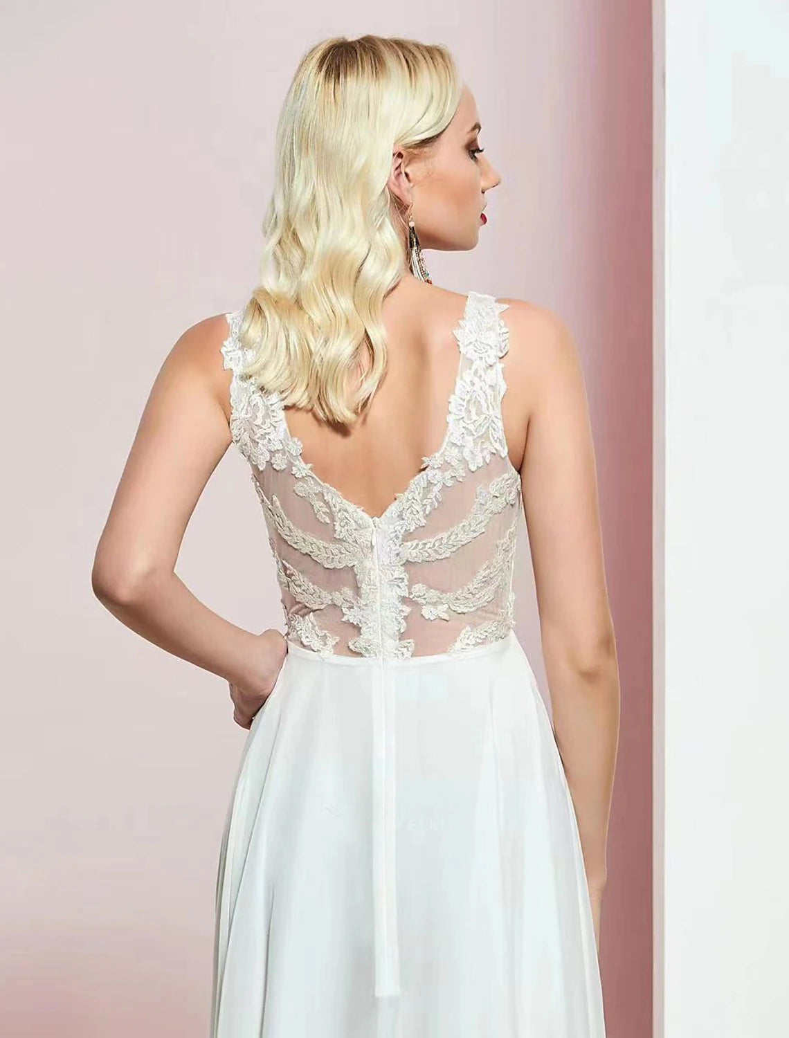 Aimishang A-Line Evening Gown Open Back Dress Wedding Party Floor Length Sleeveless V Neck Chiffon with Appliques