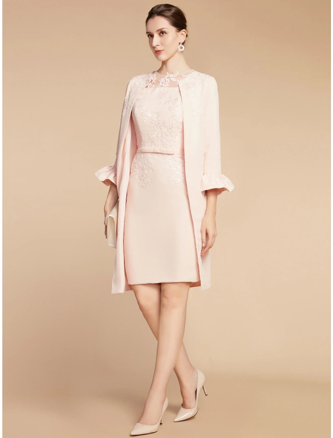 Aimishang Two Piece A-Line Mother of the Bride Dress Wedding Guest Elegant Petite Jewel Neck Short / Mini Lace Fabric 3/4 Length Sleeve with Bow(s) Ruffles Solid Color