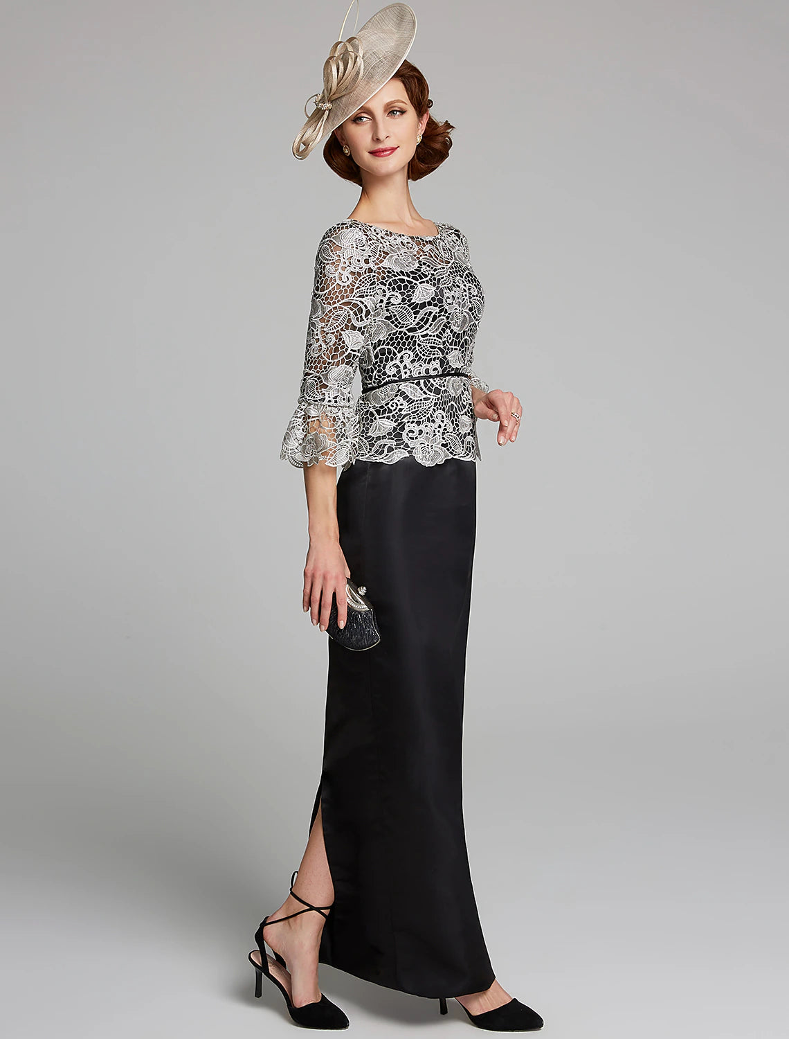 Aimishang Sheath / Column Mother of the Bride Dress Jewel Neck Floor Length Satin Lace 3/4 Length Sleeve with Lace