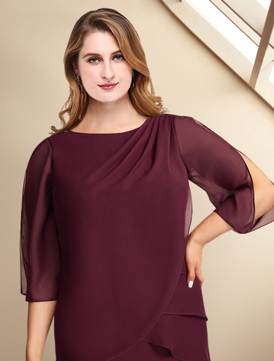 Aimishang A-Line Mother of the Bride Dresses Plus Size Hide Belly Curve Elegant Dress Formal Ankle Length Half Sleeve Jewel Neck Chiffon with Ruffles