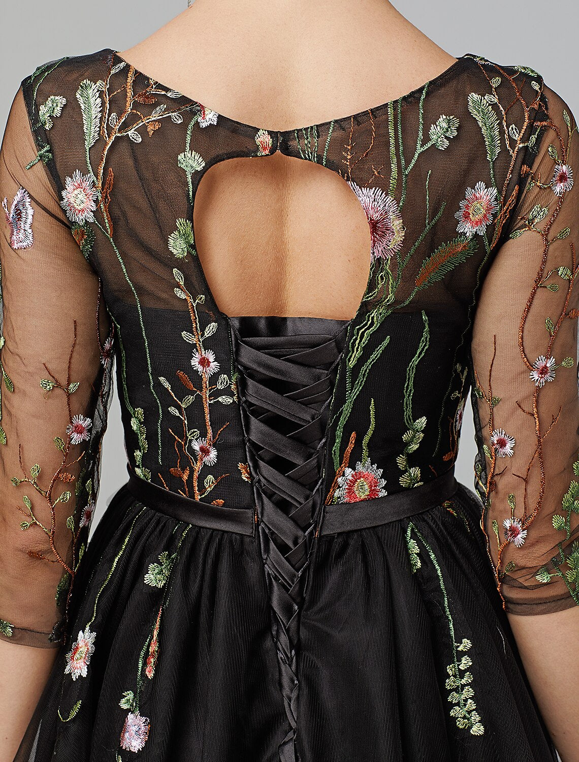 Aimishang A-Line Little Black Dress Dress Wedding Guest Knee Length Long Sleeve Illusion Neck Wednesday Addams Family Tulle with Embroidery Appliques