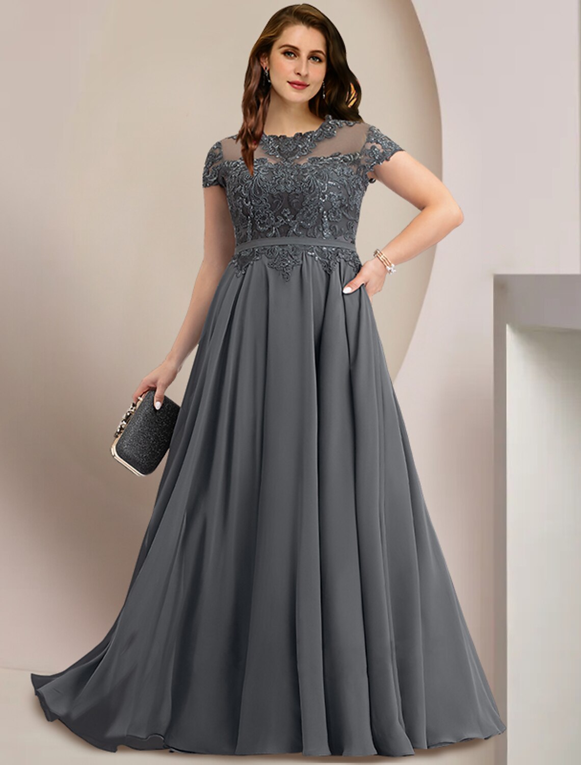 Aimishang Mother of the Bride Dresses Plus Size Curve Hide Belly Wedding Guest Party Elegant Jewel Neck Floor Length Chiffon Lace Short Sleeve with Pleats Sequin