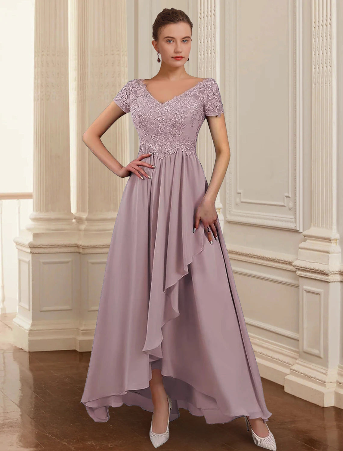 Aimishang Two Piece A-Line Mother of the Bride Dress Formal Wedding Guest Elegant High Low V Neck Asymmetrical Ankle Length Chiffon Lace 3/4 Length Sleeve Jacket Dresses with Appliques