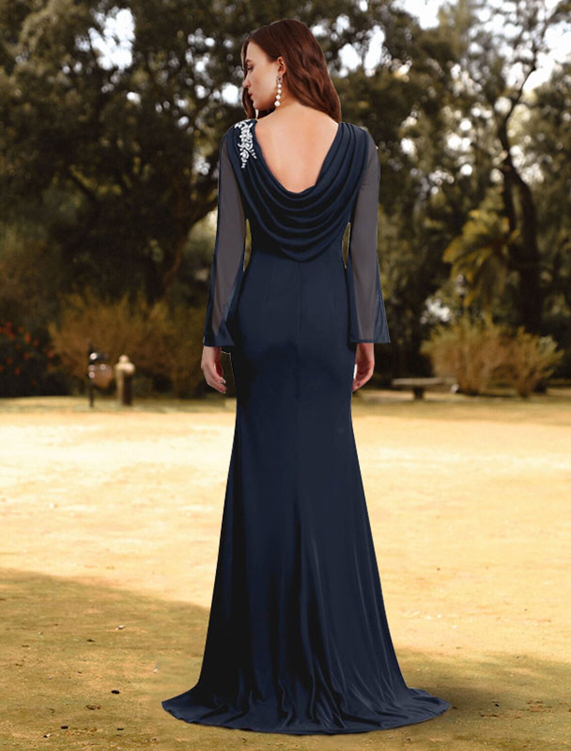 Aimishang Sheath / Column Evening Gown Empire Dress Wedding Guest Formal Evening Sweep / Brush Train Long Sleeve Jewel Neck Chiffon with Sash / Ribbon Pure Color Shouder Flower