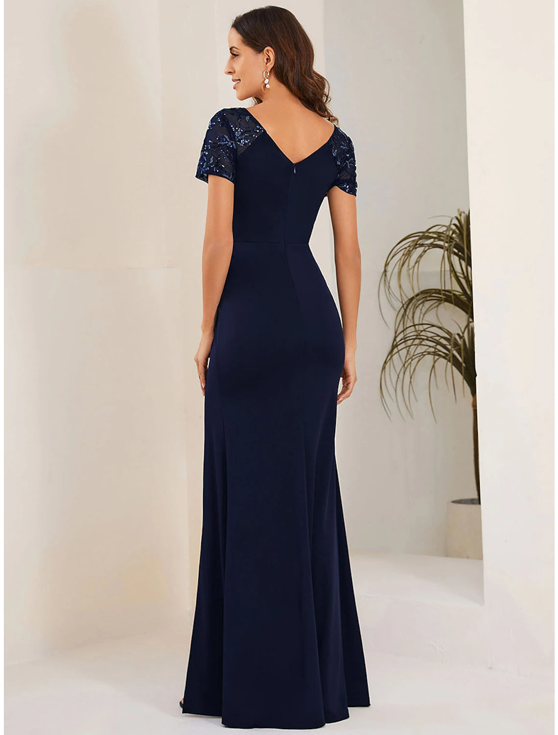 Aimishang Mermaid / Trumpet Wedding Guest Dresses Elegant Dress Formal Floor Length Short Sleeve V Neck Fabric with Crystals Slit