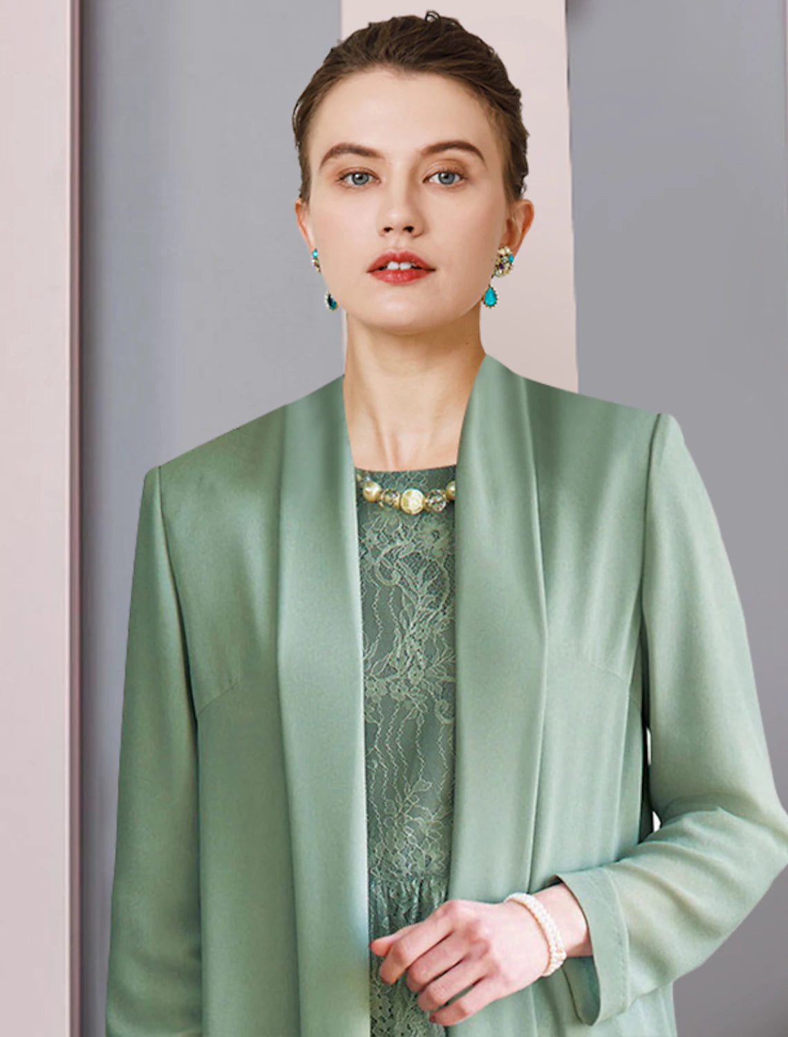 Aimishang Two Piece Sheath / Column Mother of the Bride Dress Formal Wedding Guest Party Elegant Scoop Neck Tea Length Chiffon Lace 3/4 Length Sleeve Jacket Dresses with Solid Color