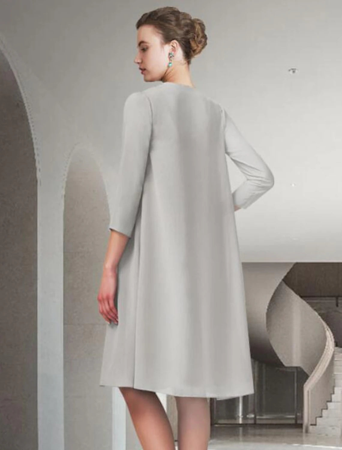 Aimishang Two Piece A-Line Mother of the Bride Dress Church Elegant Jewel Neck Knee Length Chiffon Sleeveless with Pleats Ruched