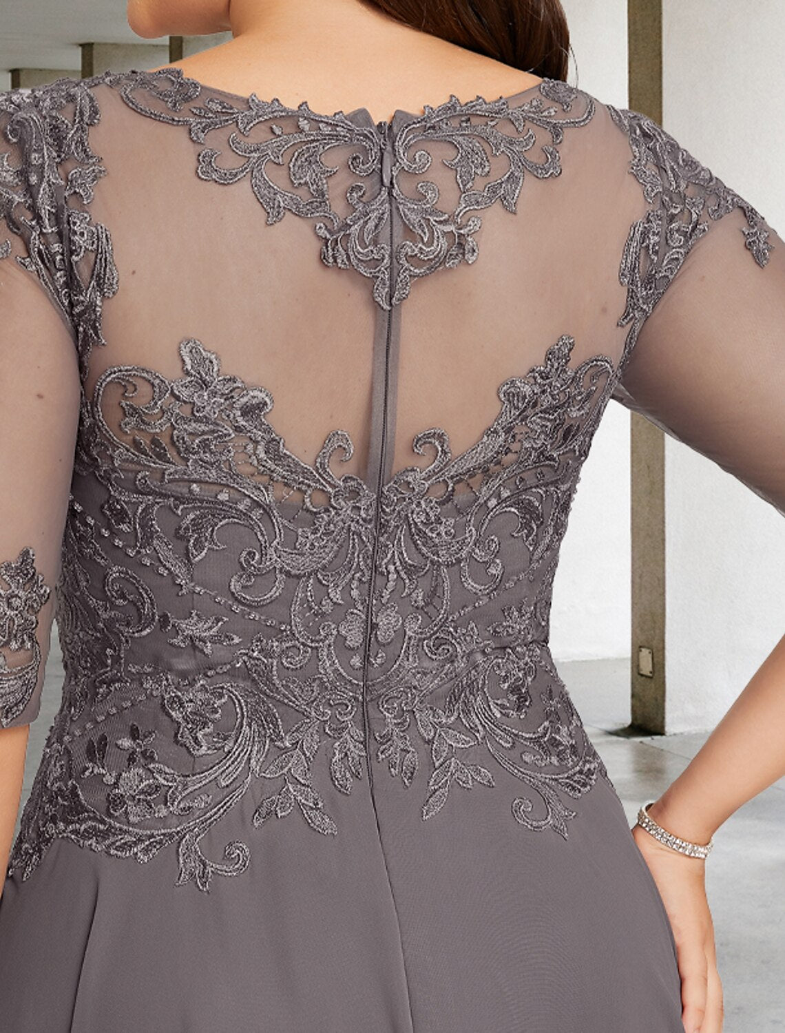 Aimishang A-Line Mother of the Bride Dresses Plus Size Hide Belly Curve Elegant Dress Formal Asymmetrical Half Sleeve Jewel Neck Chiffon with Beading Appliques