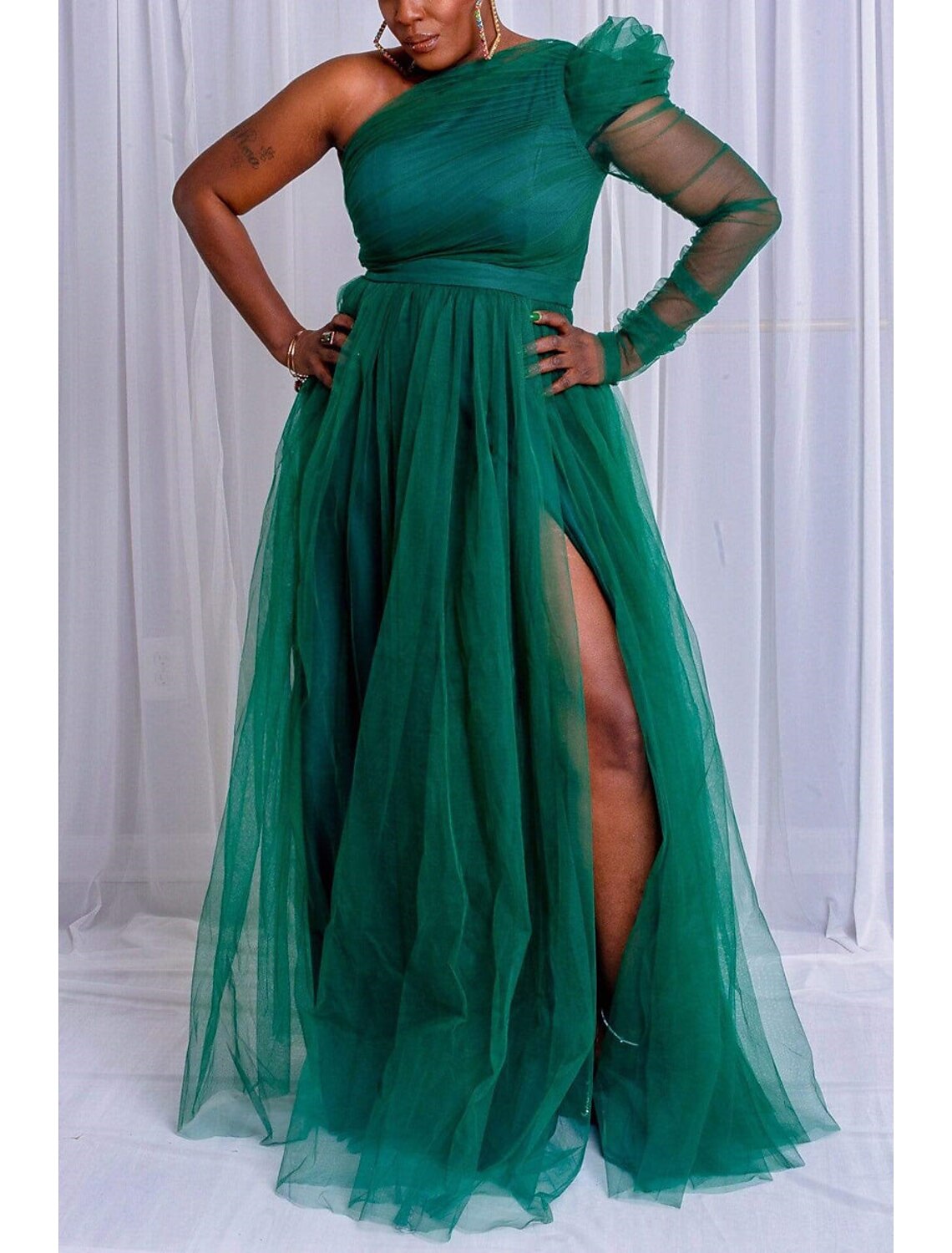 Aimishang A-Line Prom Dresses Plus Size Dress Wedding Guest Formal Evening Sweep / Brush Train Long Sleeve One Shoulder Wednesday Addams Family Tulle with Slit Pure Color