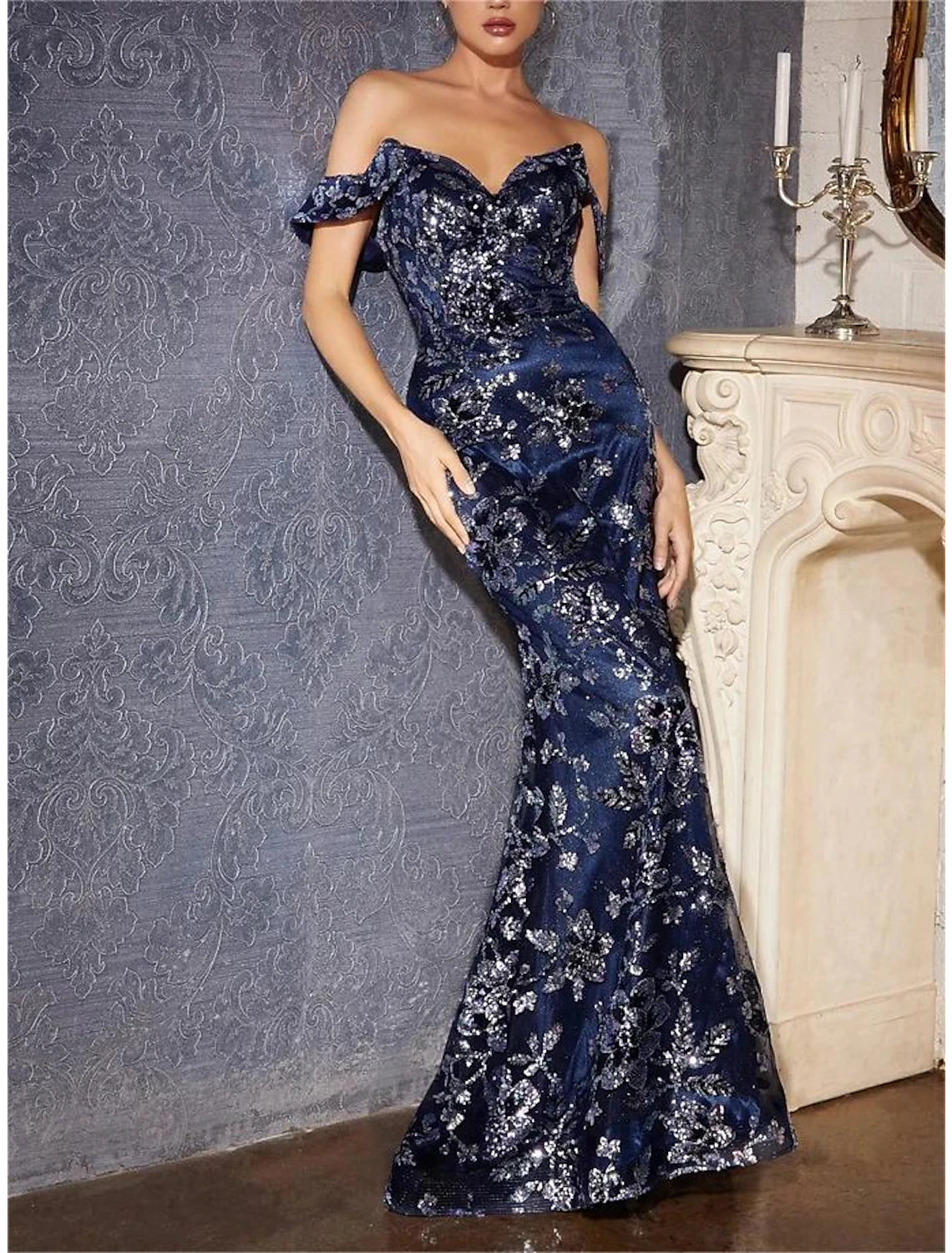 Aimishang Mermaid / Trumpet Prom Dresses Party Dress Carnival Prom Court Train Sleeveless Off Shoulder Tulle with Glitter Sequin Slit