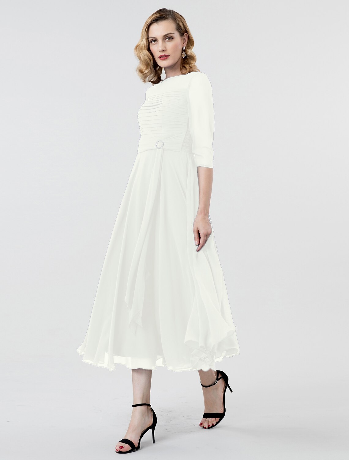 Aimishang A-Line Elegant Formal Evening Wedding Party Dress Boat Neck 3/4 Length Sleeve Tea Length Georgette with Ruched Crystal Brooch / Illusion Sleeve