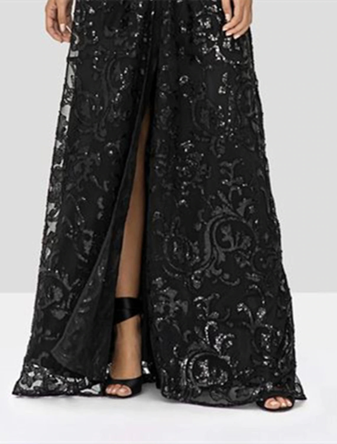 Aimishang A-Line Mother of the Bride Dress Wedding Guest Elegant Sparkle & Shine V Neck Floor Length Lace Sequined Long Sleeve with Sequin Appliques Split Front