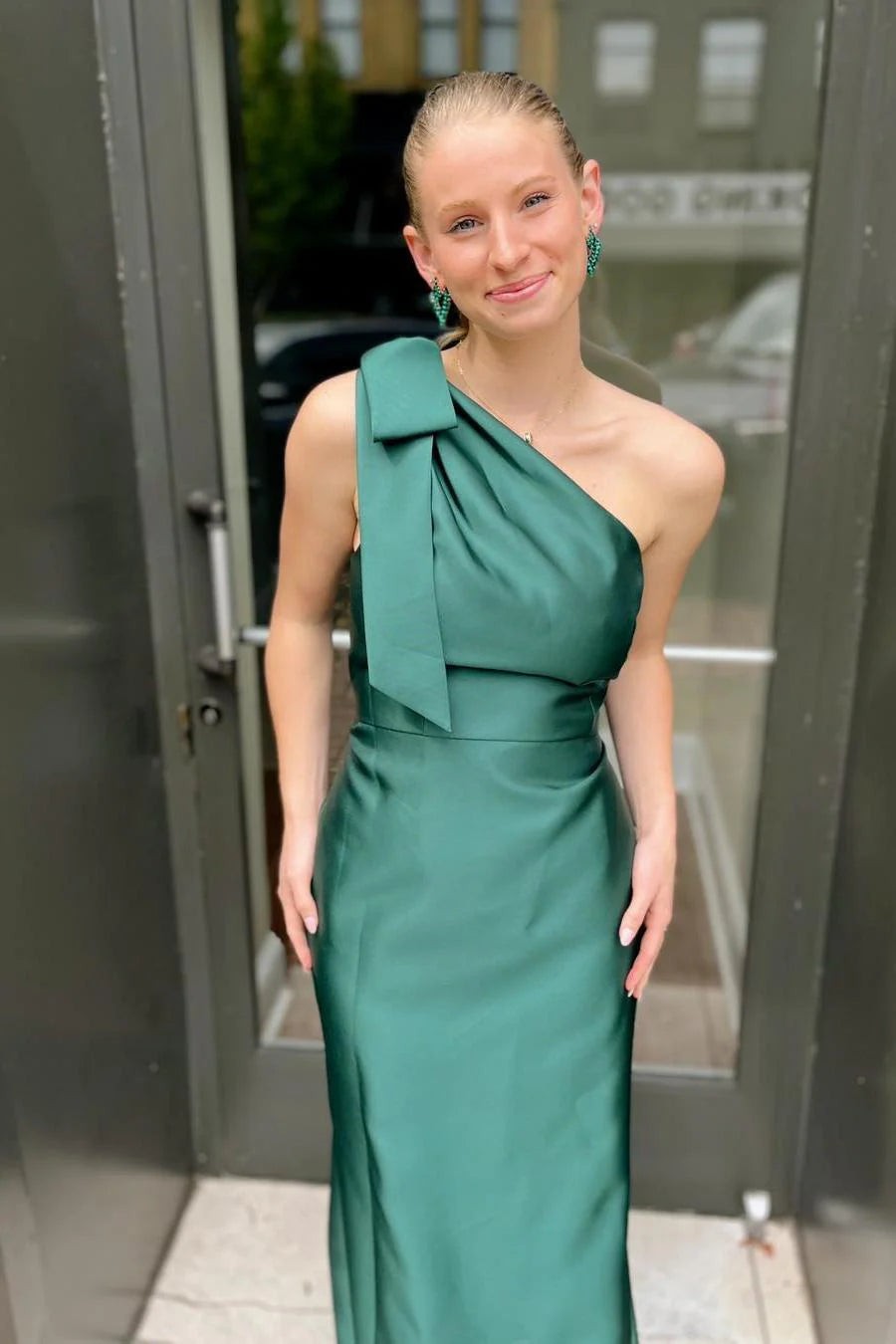 Aimishang Bow One Shoulder Light Blue Satin Long Bridesmaid Dress Elegant Evening Party Dress