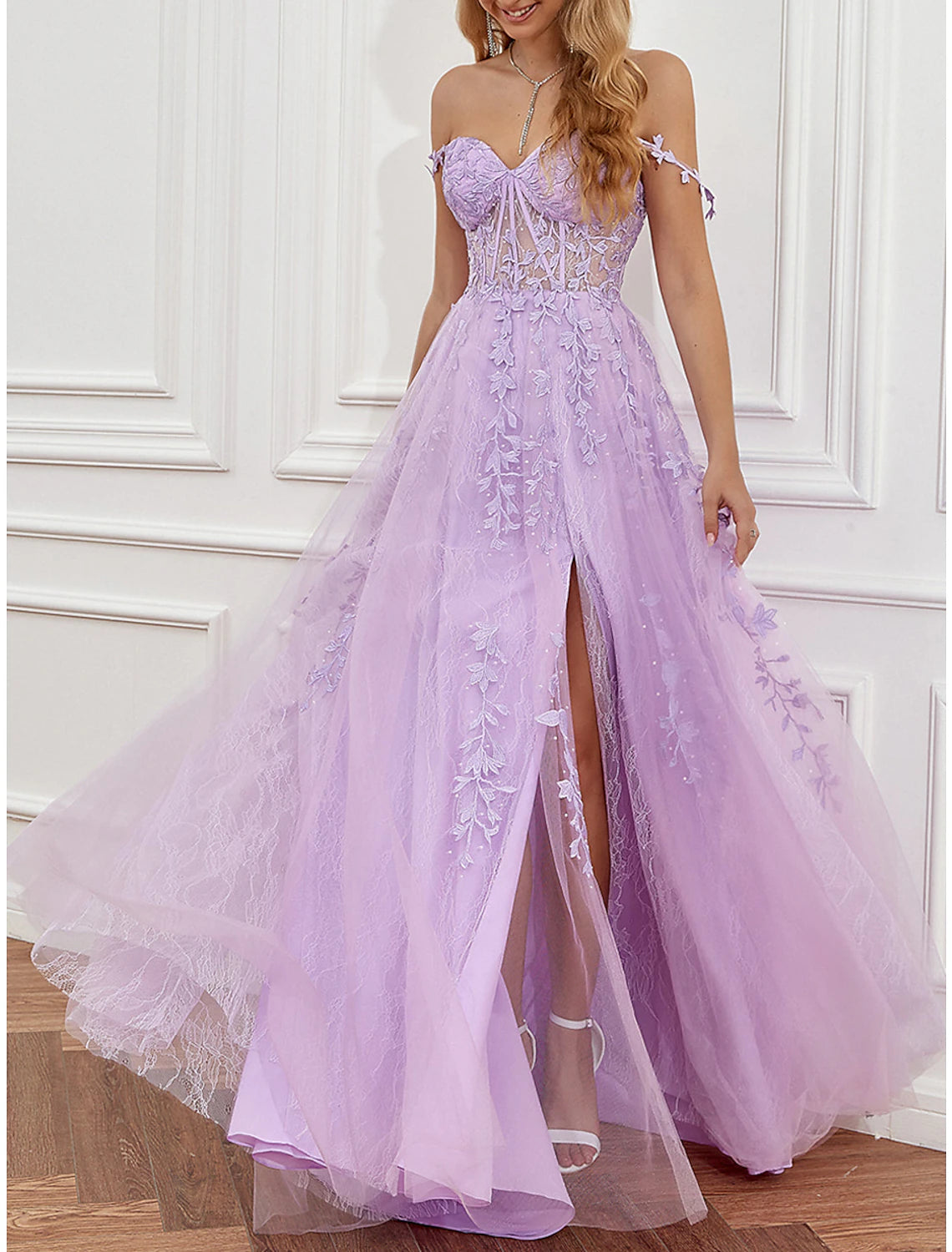 Aimishang A-Line Long Prom Dress Formal Dress Sleeveless Sweetheart Tulle with Appliques Charming Evening Party Dress