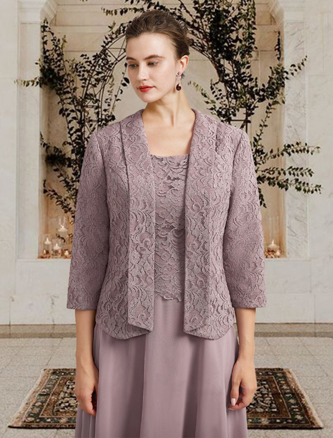 Aimishang Two Piece A-Line Mother of the Bride Dress Church Elegant Jewel Neck Floor Length Tea Length Chiffon Lace Sleeveless Short Jacket Dresses with Ruffles Appliques