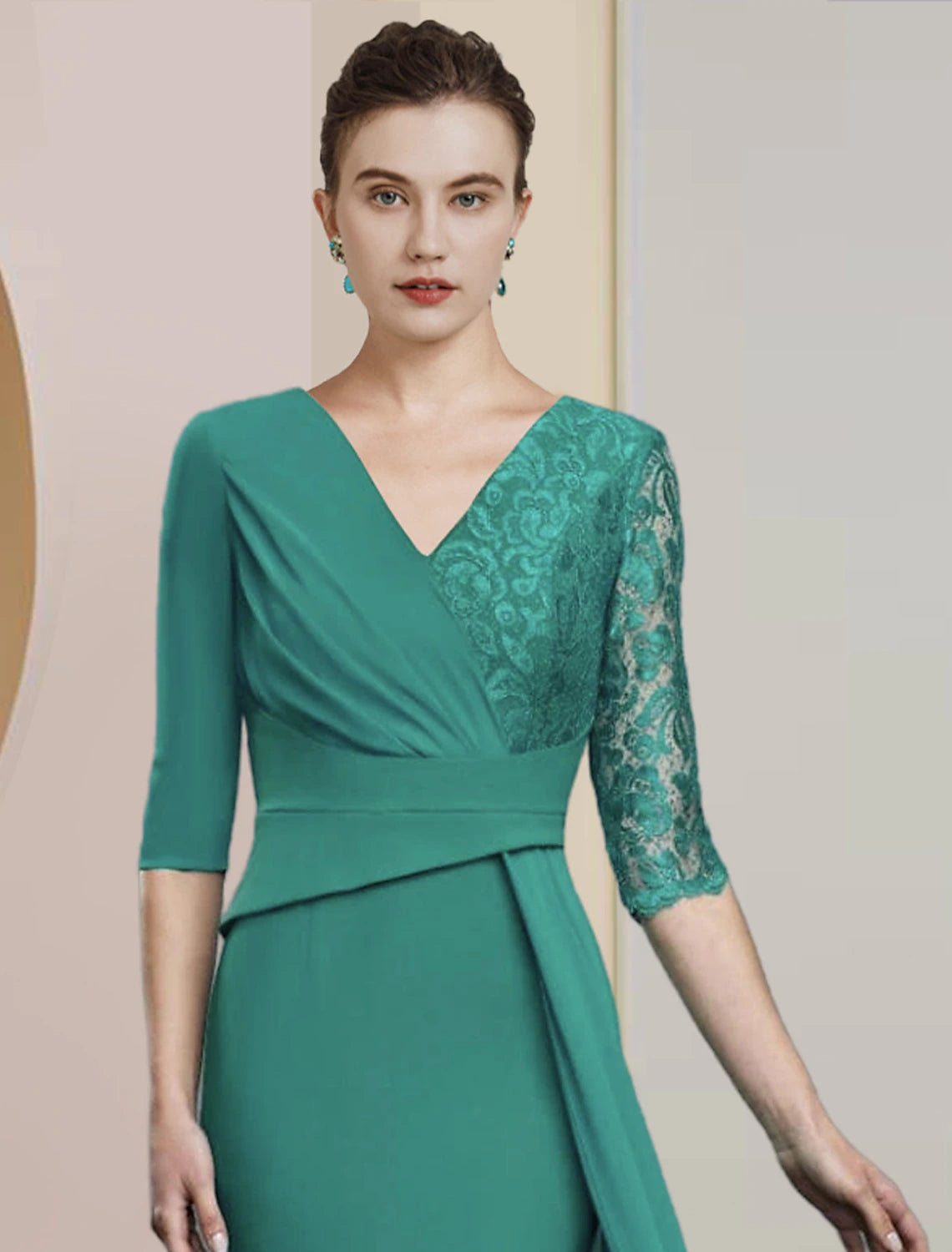 Aimishang Sheath / Column Mother of the Bride Dress Formal Wedding Guest Party Elegant V Neck Floor Length Chiffon Lace Half Sleeve with Ruching