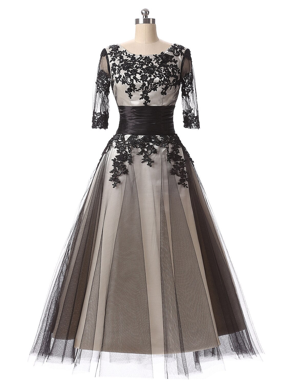 Aimishang Ball Gown Evening Gown Color Block Dress Formal Evening Ankle Length Half Sleeve Jewel Neck Fall Wedding Guest Lace with Lace Insert Appliques