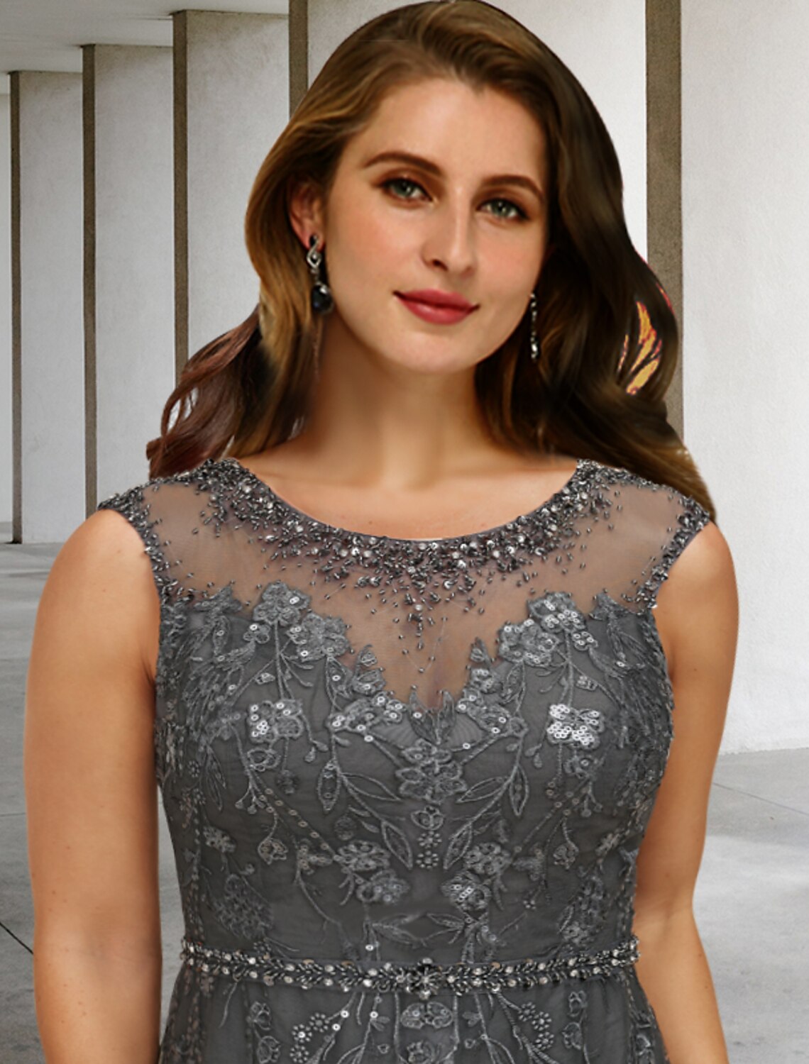 Aimishang A-Line Plus Size Curve Mother of the Bride Dresses Elegant Dress Formal Floor Length Sleeveless Jewel Neck Lace with Beading Sequin Appliques