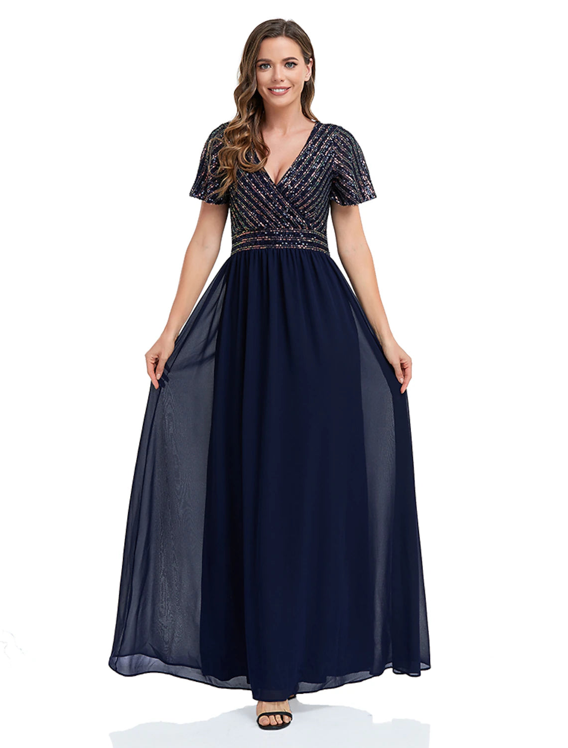 Aimishang A-Line Mermaid / Trumpet Evening Gown Elegant Dress Christmas Floor Length Short Sleeve V Neck Sequined with Sequin