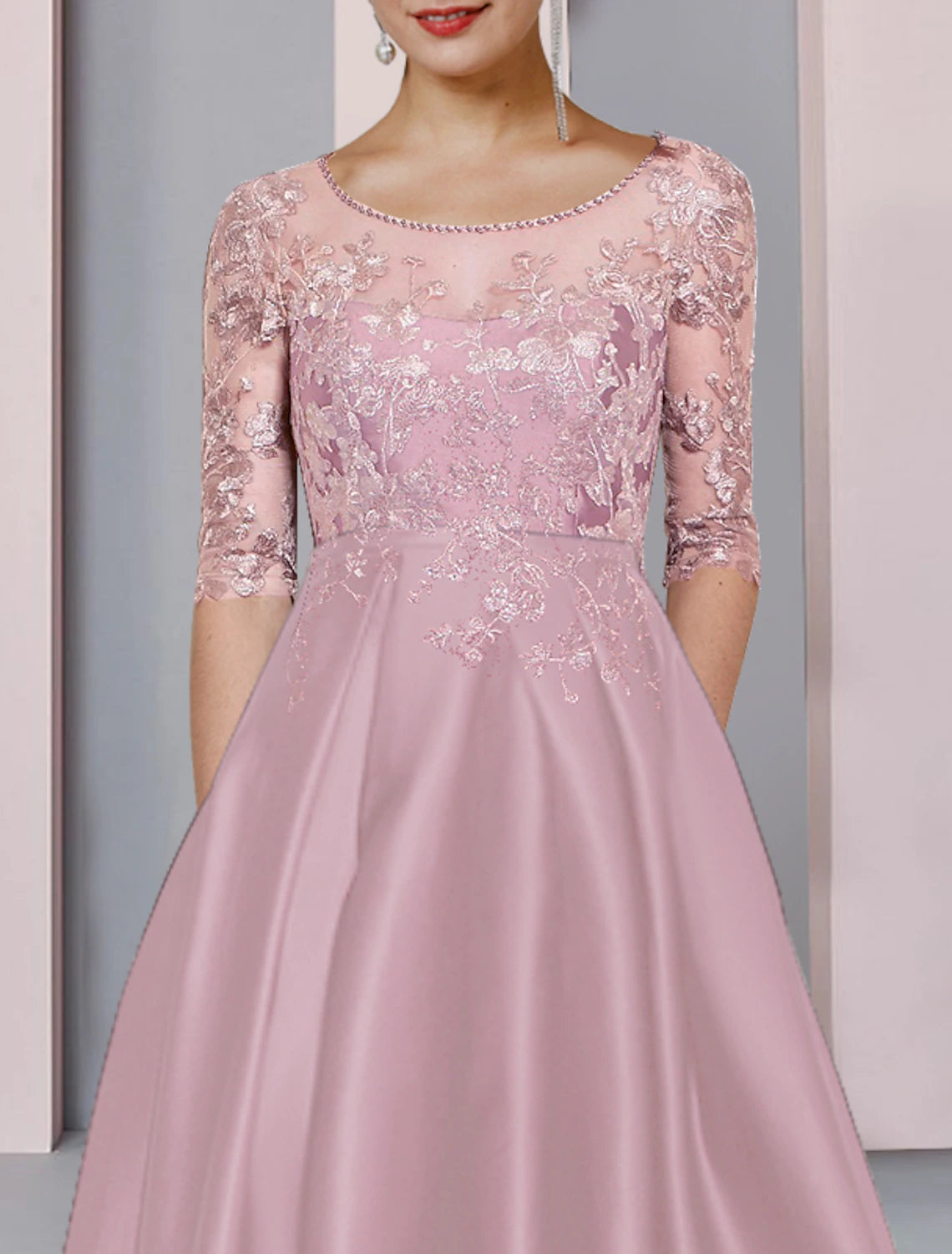 Aimishang A-Line Mother of the Bride Dress Formal Wedding Guest Party Elegant High Low Scoop Neck Asymmetrical Tea Length Satin Lace Half Sleeve with Pleats Beading Appliques