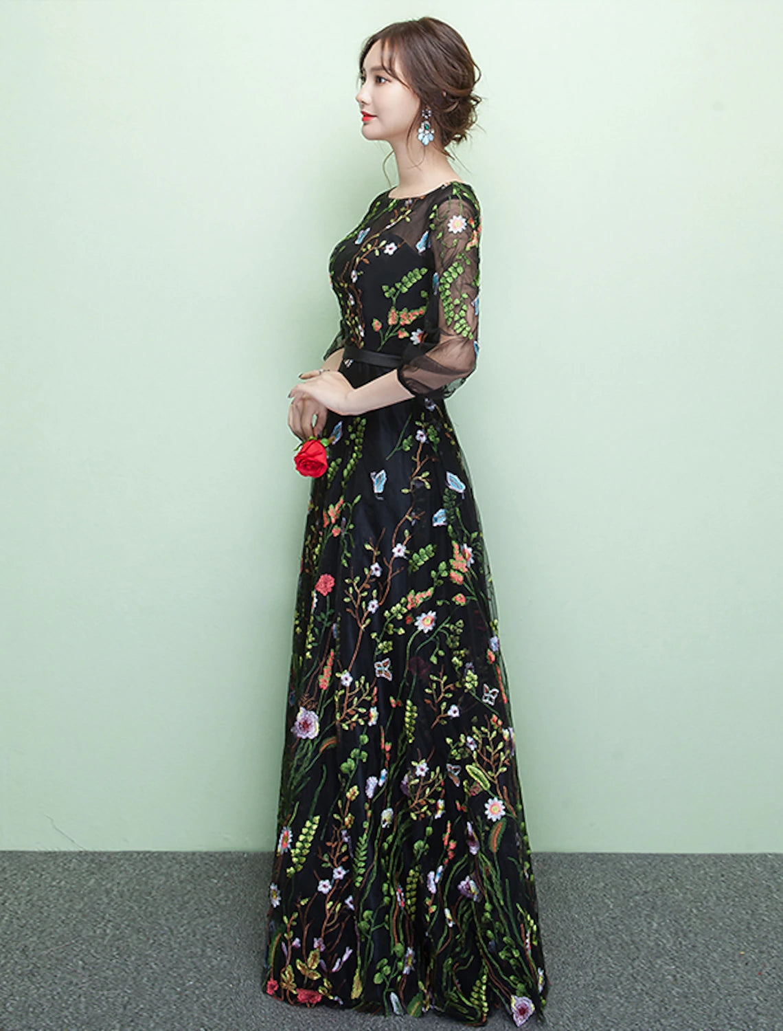 Aimishang A-Line Elegant Sparkle & Shine Formal Evening Dress Jewel Neck 3/4 Length Sleeve Floor Length Lace with Embroidery