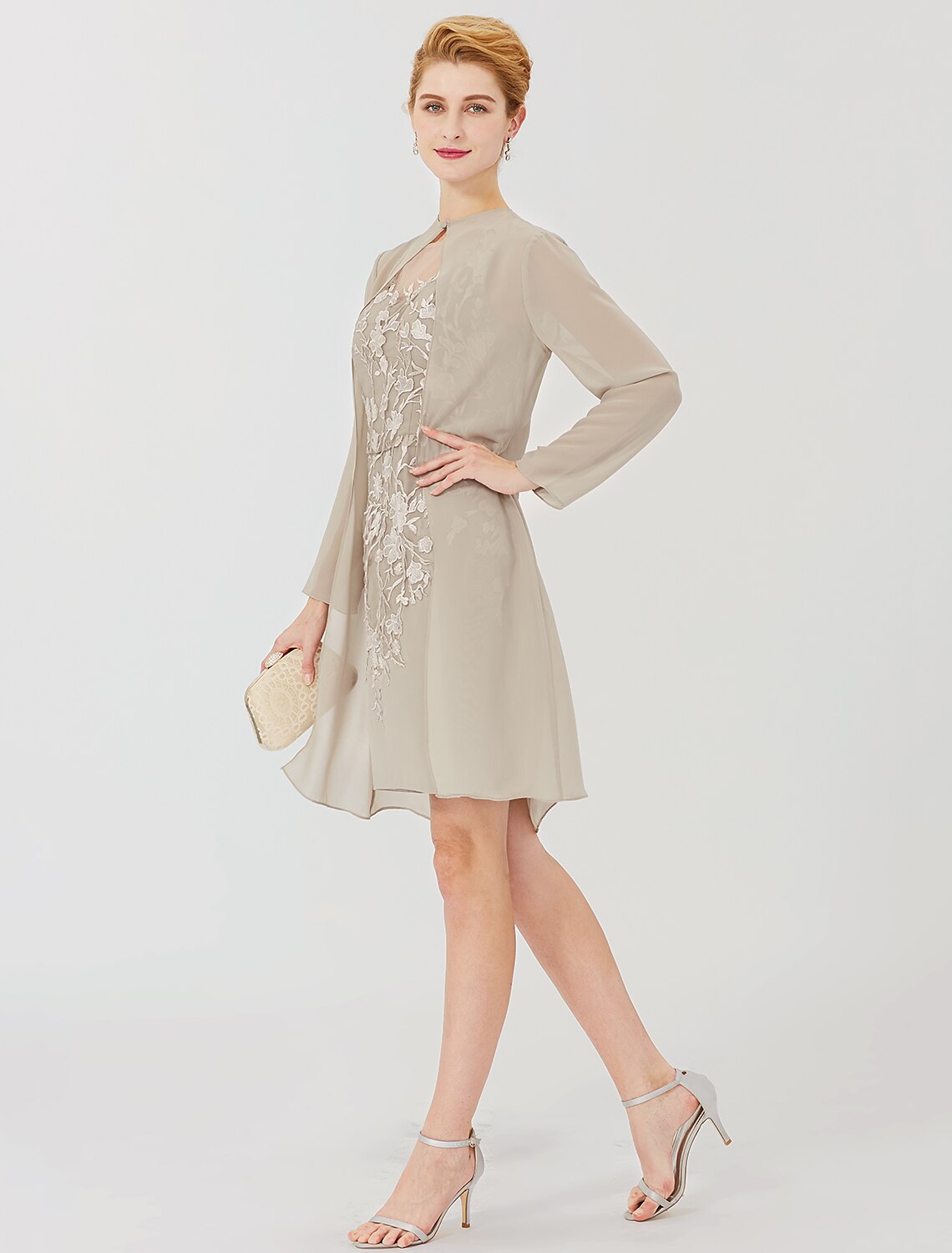 Aimishang Sheath / Column Mother of the Bride Dress Formal Classic & Timeless Elegant & Luxurious Convertible Dress Illusion Neck Knee Length Chiffon All Over Lace Long Sleeve with Appliques