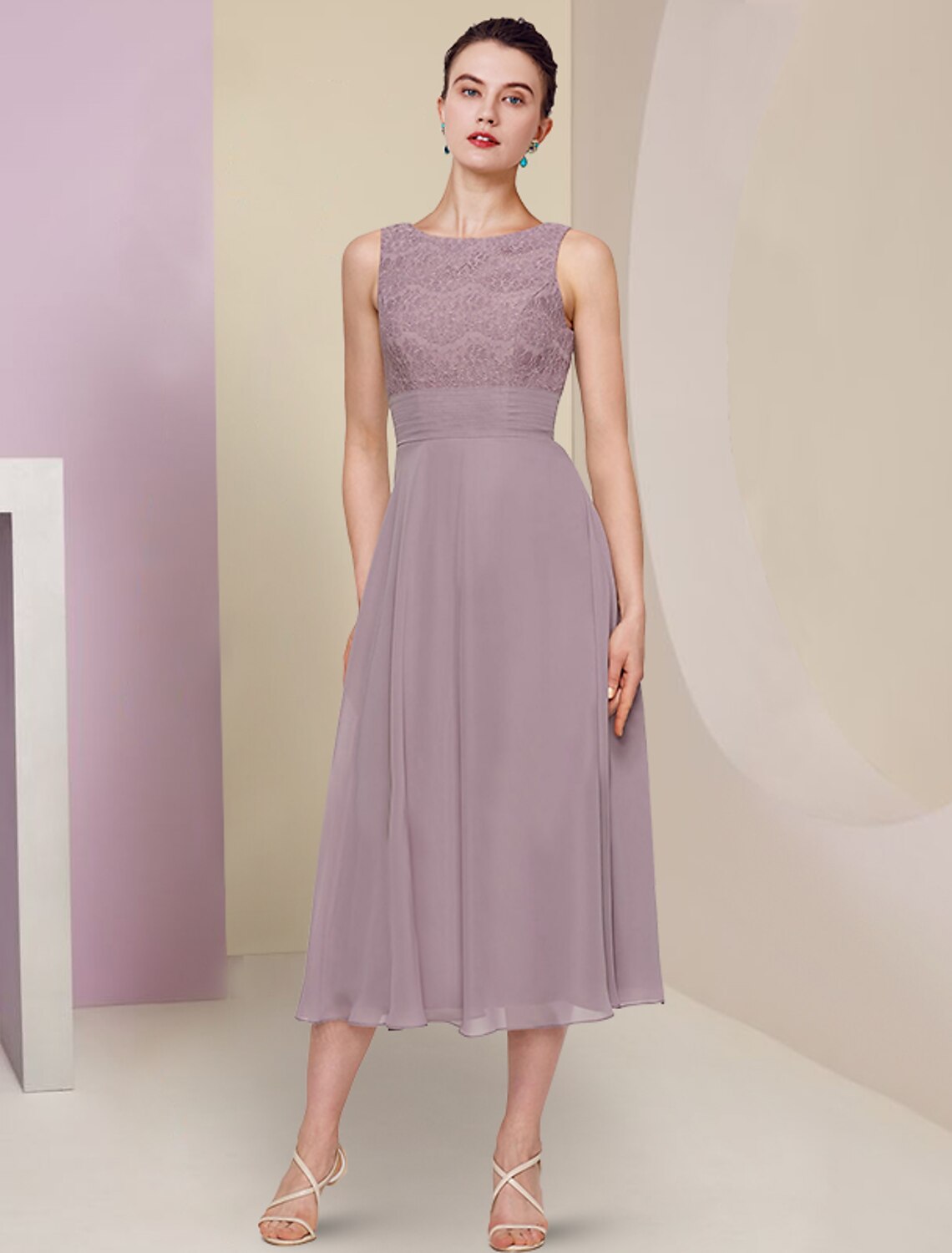 Aimishang Two Piece Mother of the Bride Dress Wedding Guest Church Elegant Jewel Neck Tea Length Chiffon Lace Half Sleeve with Solid Color