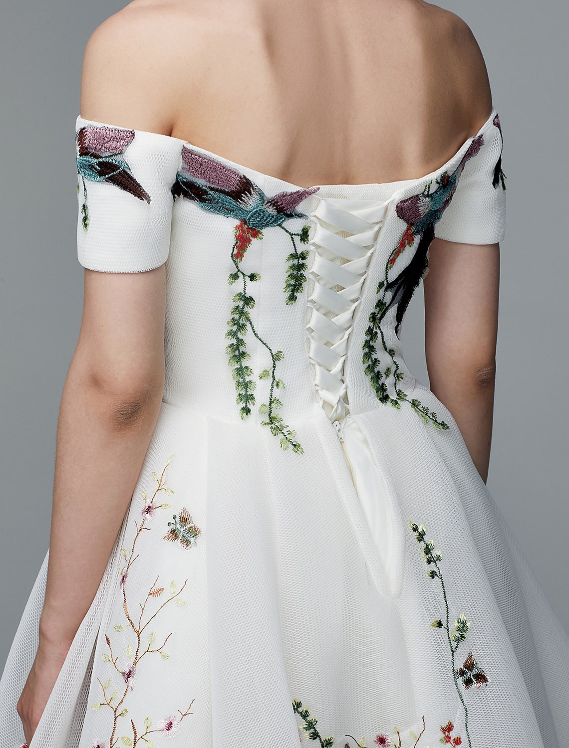 Aimishang Ball Gown Cute Dress Wedding Guest Asymmetrical Short Sleeve Off Shoulder Polyester with Embroidery