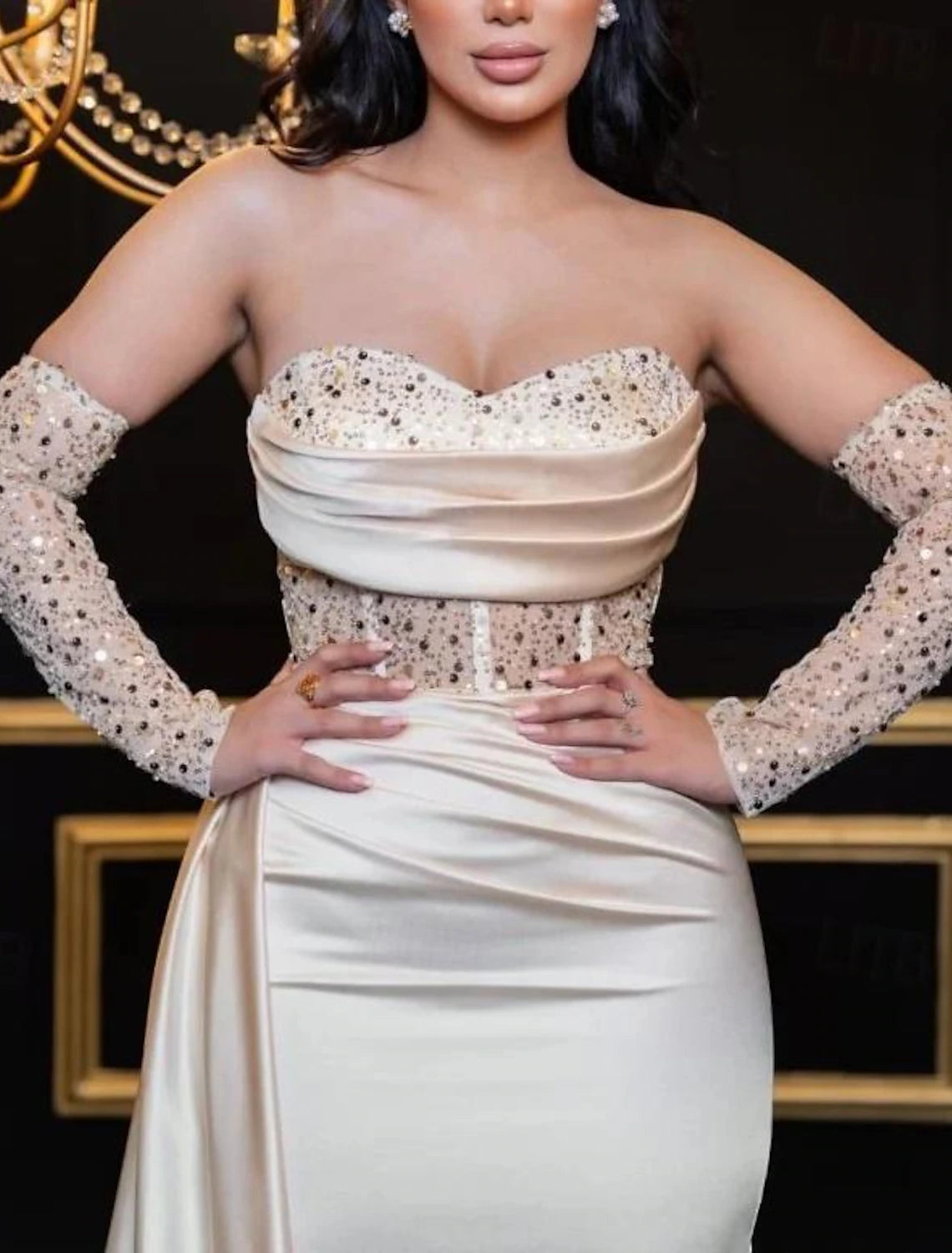Aimishang Sheath / Column Prom Dresses Elegant Dress Formal Prom Floor Length Long Sleeve Sweetheart Satin with Sequin Slit