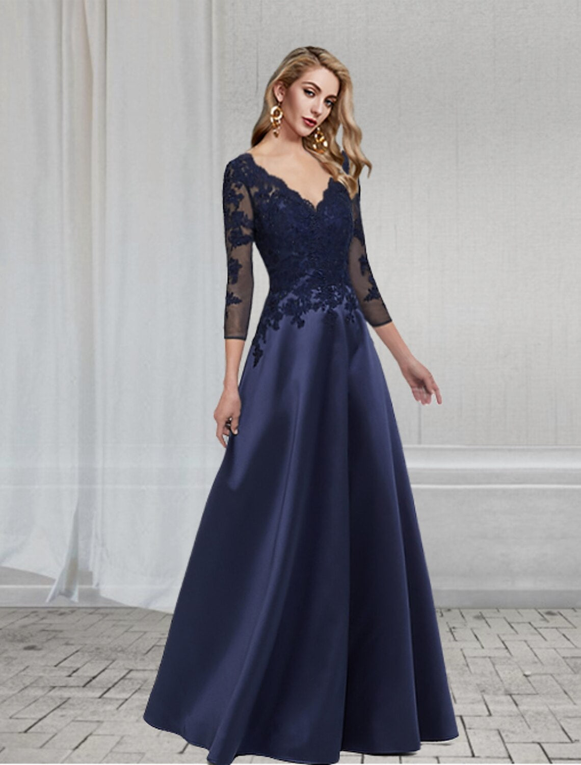 Aimishang A-Line Party Dress Elegant Wedding Guest Formal Evening Dress V Neck 3/4 Length Sleeve Floor Length Chiffon with Appliques