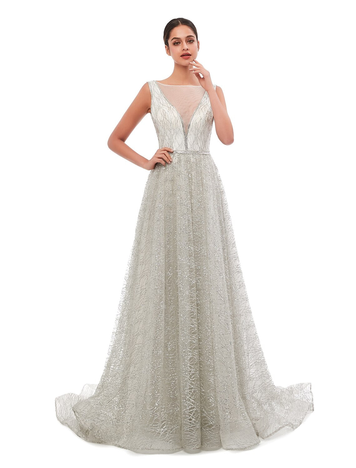 Aimishang A-Line Evening Gown Vintage Dress Prom Formal Evening Court Train Sleeveless Illusion Neck Sequined with Sequin